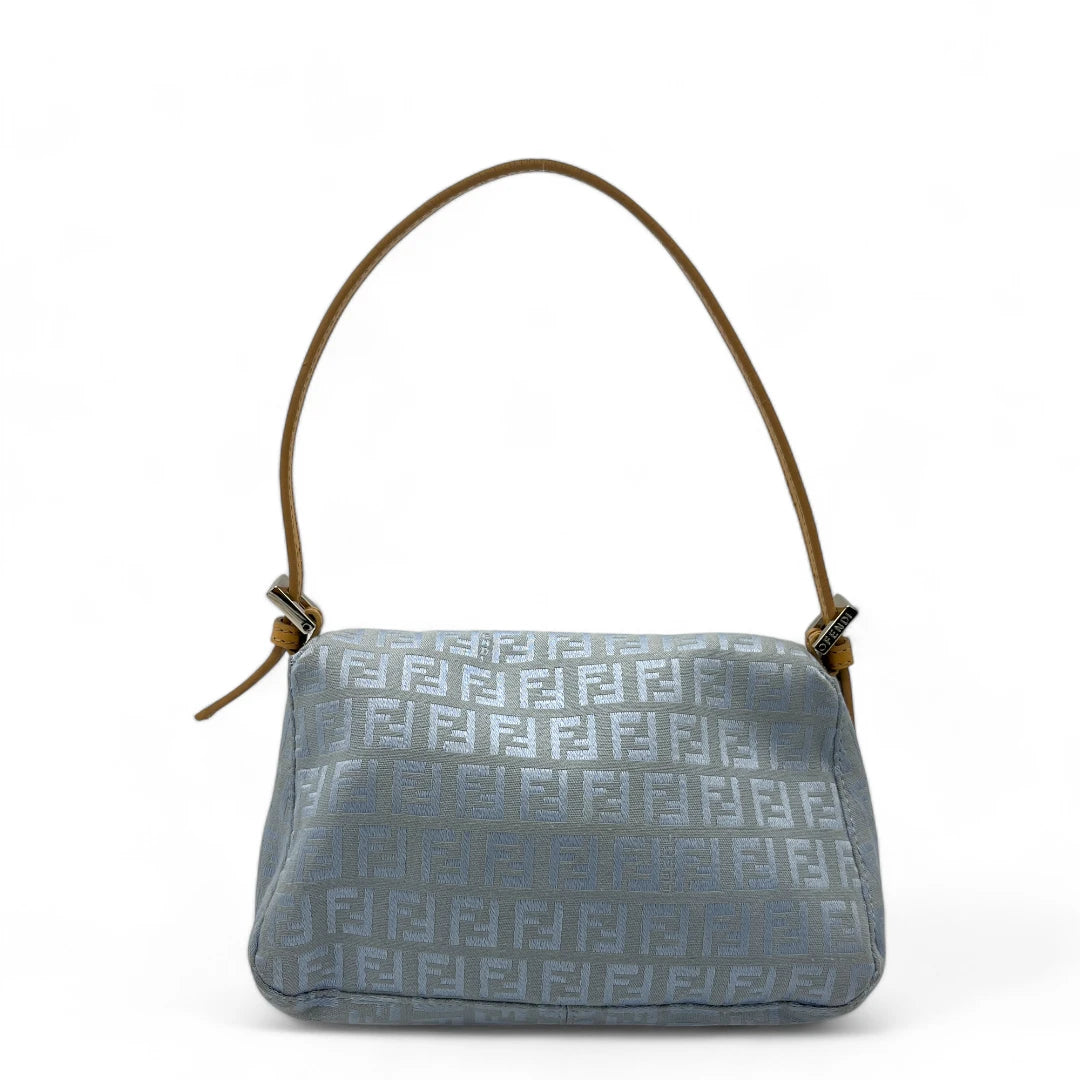 Fendi handbag Mamma Baguette mini with silver hardware Zucchino pattern light blue