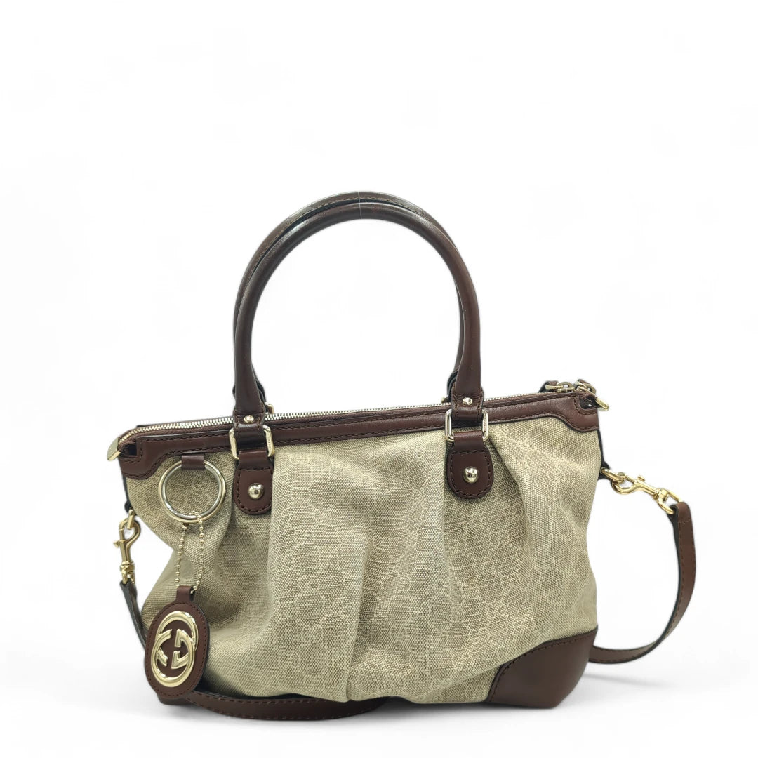 Gucci handbag Sukey leather details brown with shoulder strap monogram beige