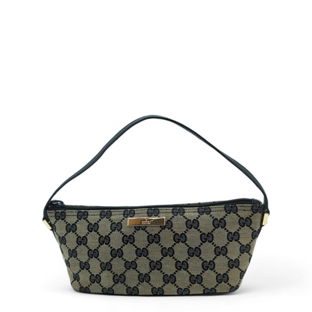 Gucci Handtasche Baguette mit schwarzen Lederdetails monogram beige