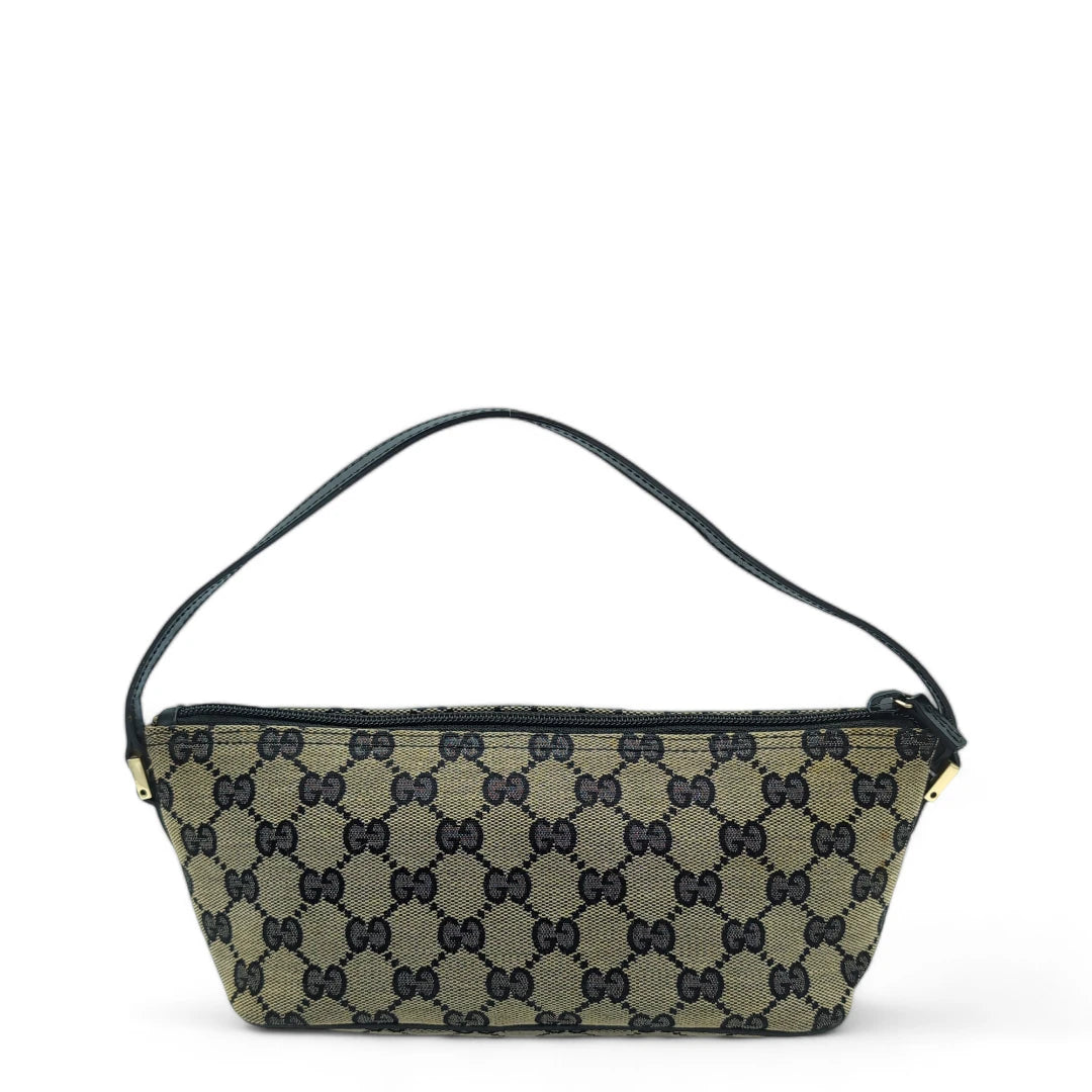 Gucci Handtasche Baguette mit schwarzen Lederdetails monogram beige