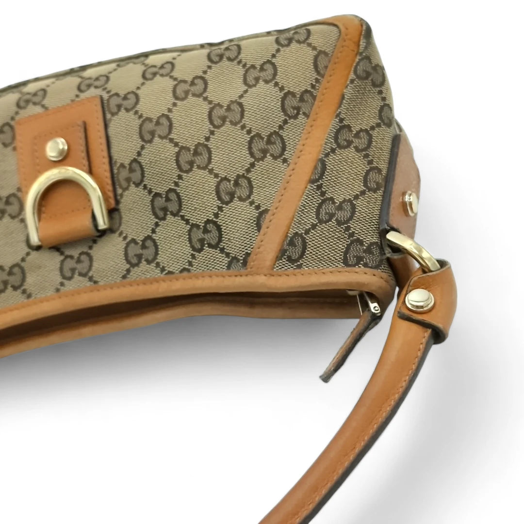 Gucci Handtasche D-Ring Abbey Baguette orangenes Leder monogram beige