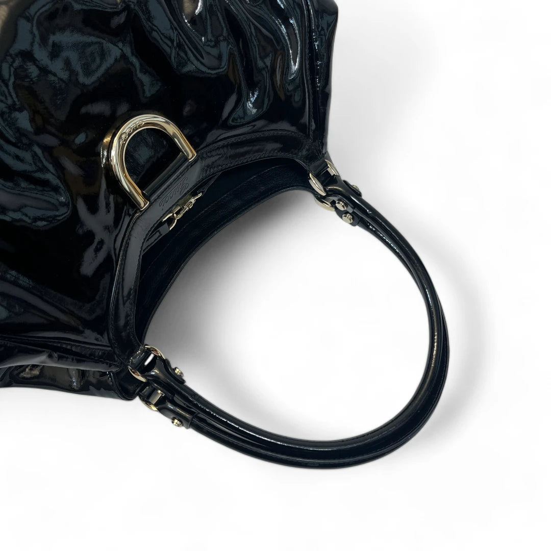 Gucci Handtasche D-Ring mit silber Hardware aus Lackleder schwarz