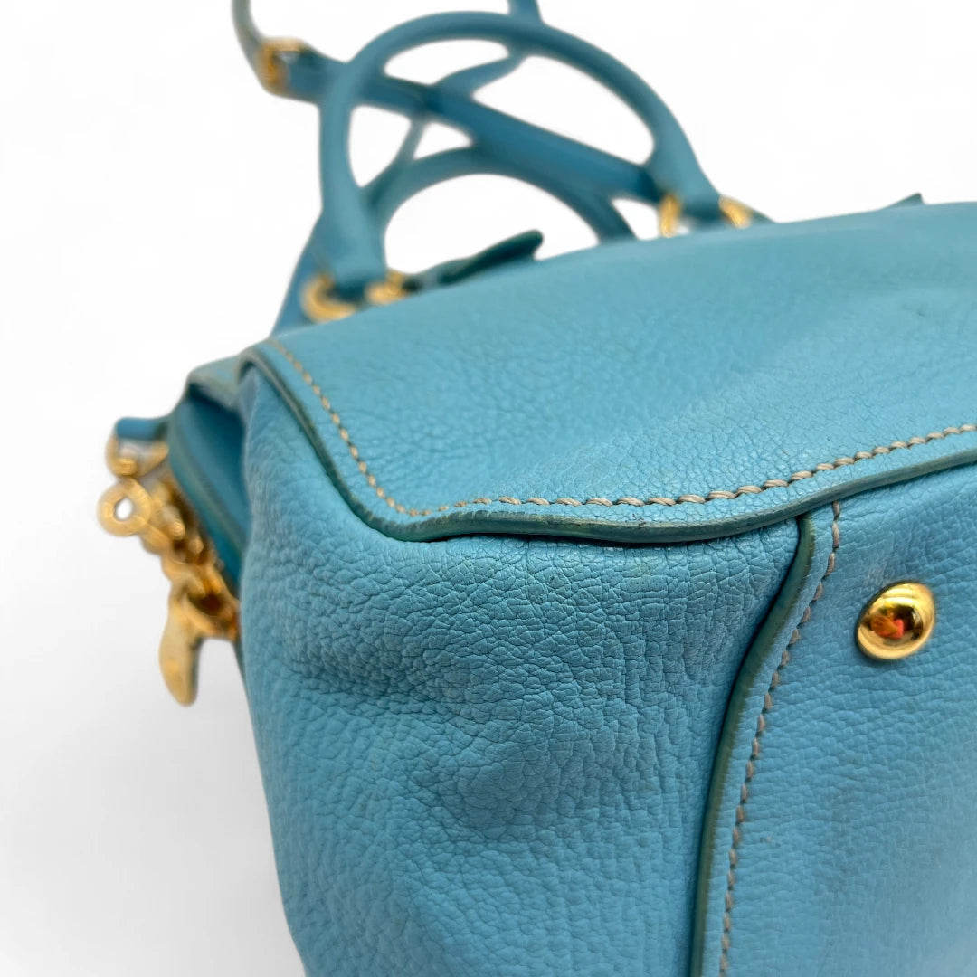 Miu Miu Madras handbag with shoulder strap in light blue leather