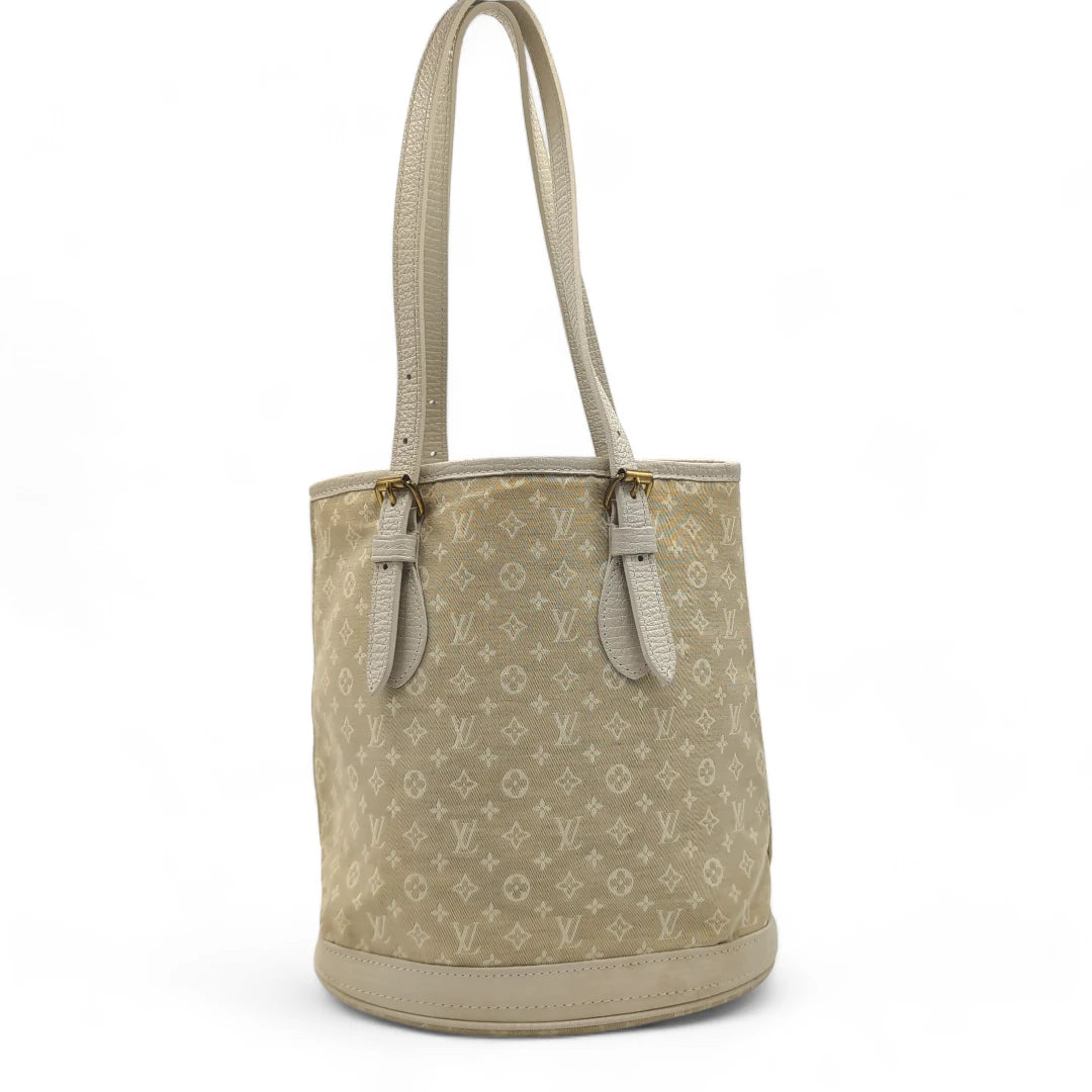 Louis Vuitton Schultertasche Bucket bag mini Denim weißes Leder monogram beige