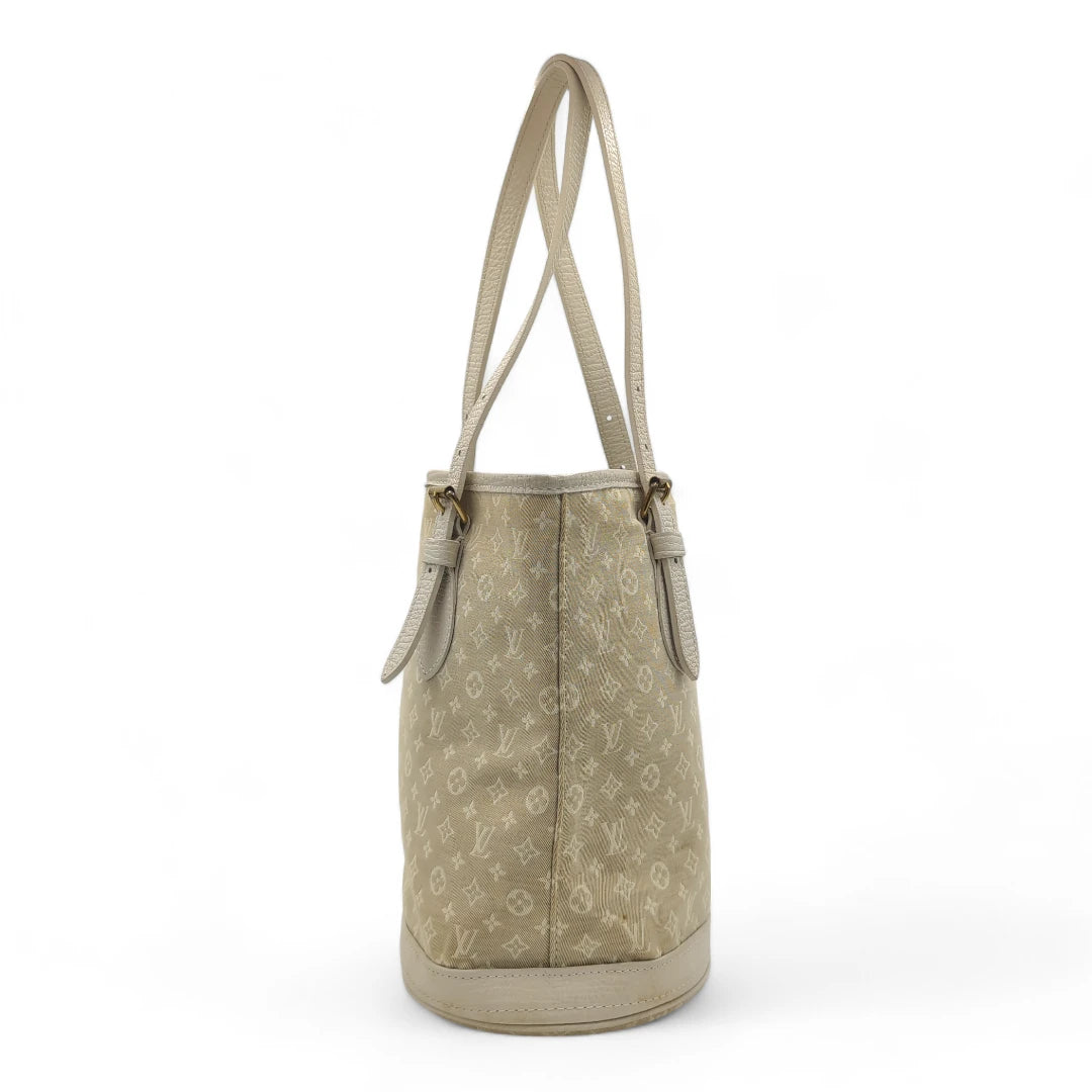 Louis Vuitton Schultertasche Bucket bag mini Denim weißes Leder monogram beige