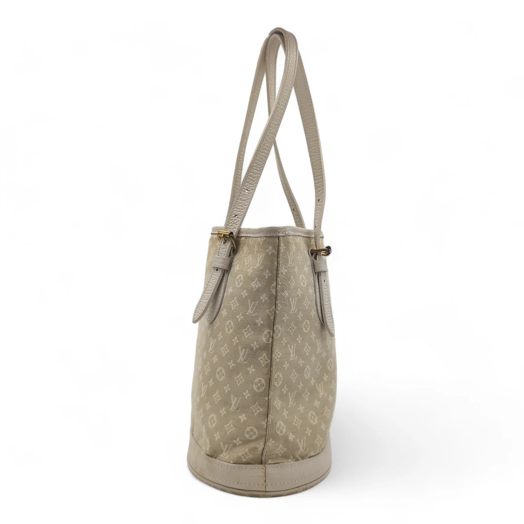 Louis Vuitton Schultertasche Bucket bag mini Denim weißes Leder monogram beige