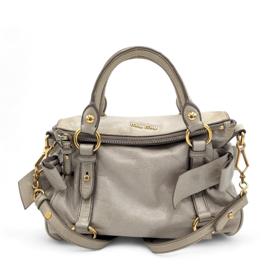 Miu Miu handbag Vitello Lux Bow Satchel small in leather with silver hardware pink