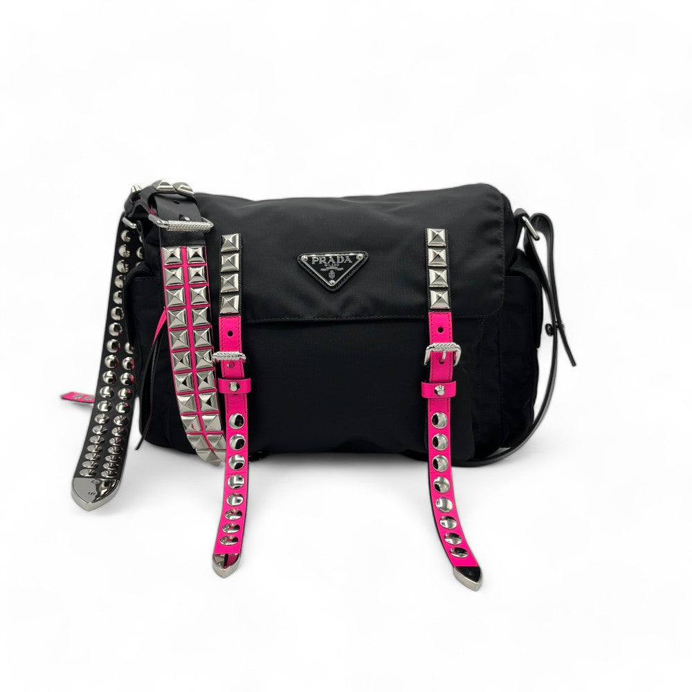Prada Messenger bag AW18 Rockstar with studs with pink leather details black